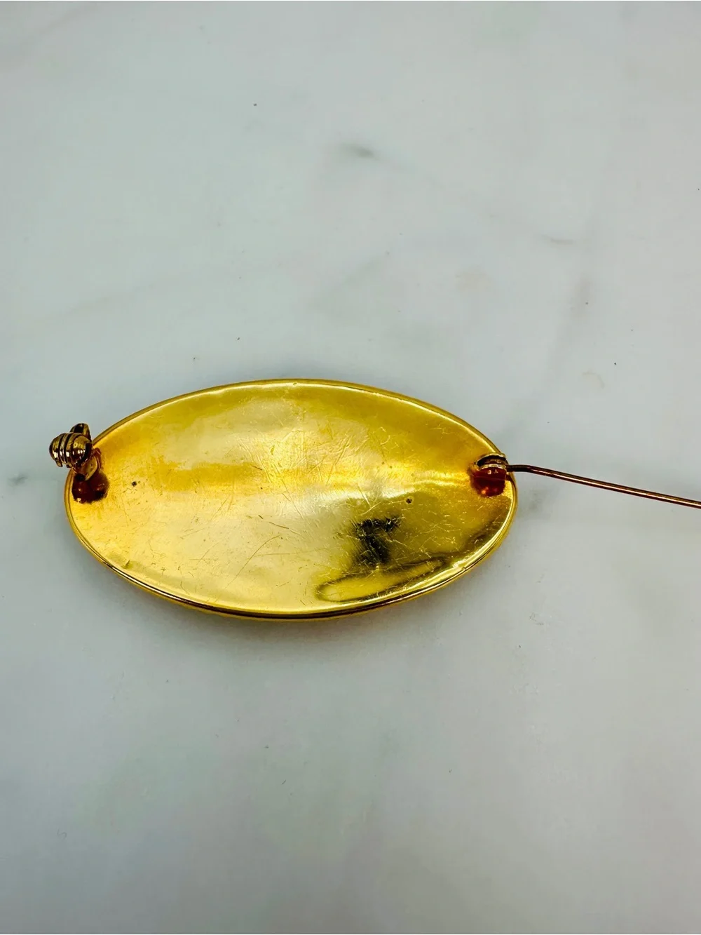 Vintage Damascene Oval Brooch Toledo Spain Bird Floral Gold Inlay Black, Pink